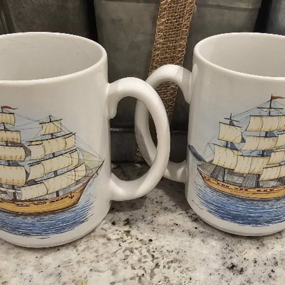 2 Stoneware Potpourri TALL SHIPS Cups Mugs - USED